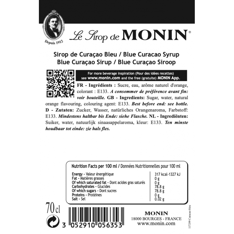 Monin Blue Curaçao siroop ingrediënten