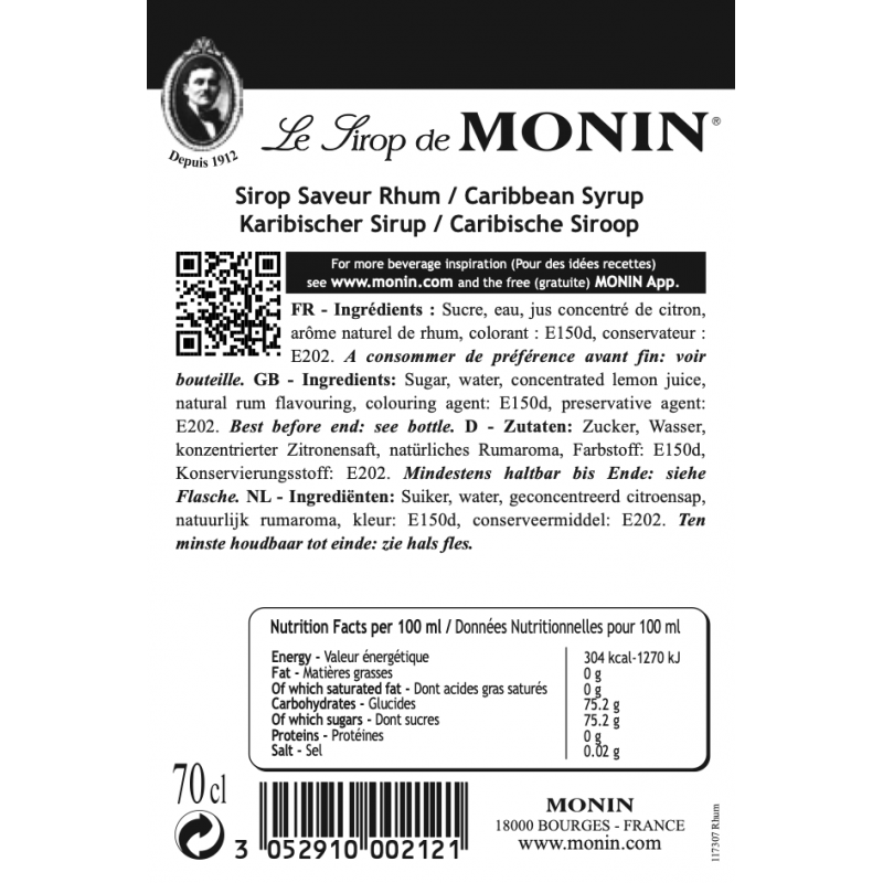 Monin Carribean Rhum siroop ingrediënten