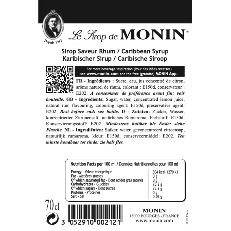 Monin Carribean Rhum siroop ingrediënten