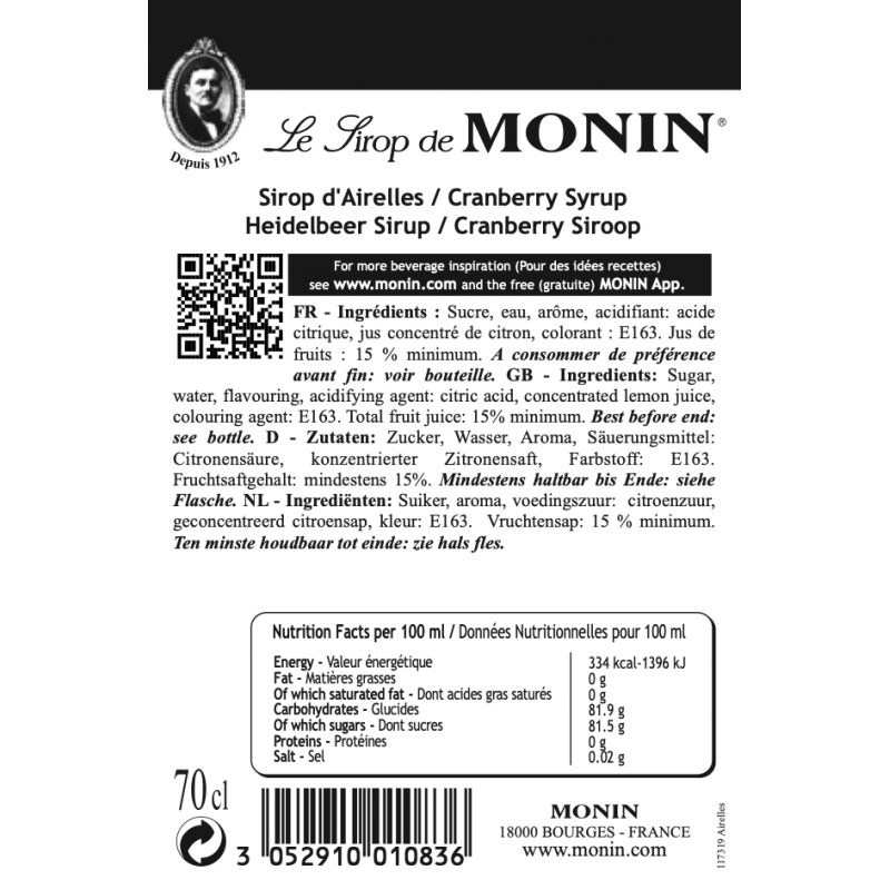Monin Cranberrysiroop ingrediënten