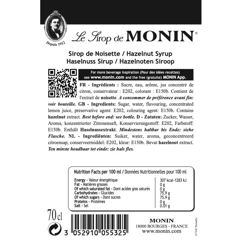 Ingrediëntenlijst en overzicht van voedingswaarden Monin Hazelnoot Siroop