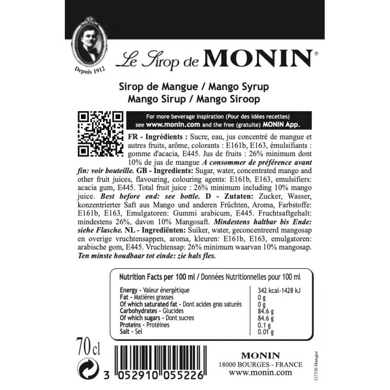 Monin Mango siroop ingrediënten etiket - Natuurlijke mangosmaak zonder kunstmatige toevoegingen