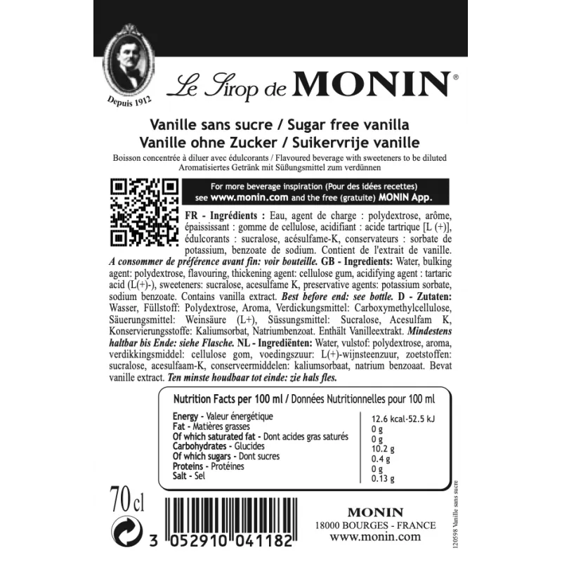 Ingrediëntenlijst van de Monin Suikervrije Vanille Siroop geschikt voor koffie en cocktails.