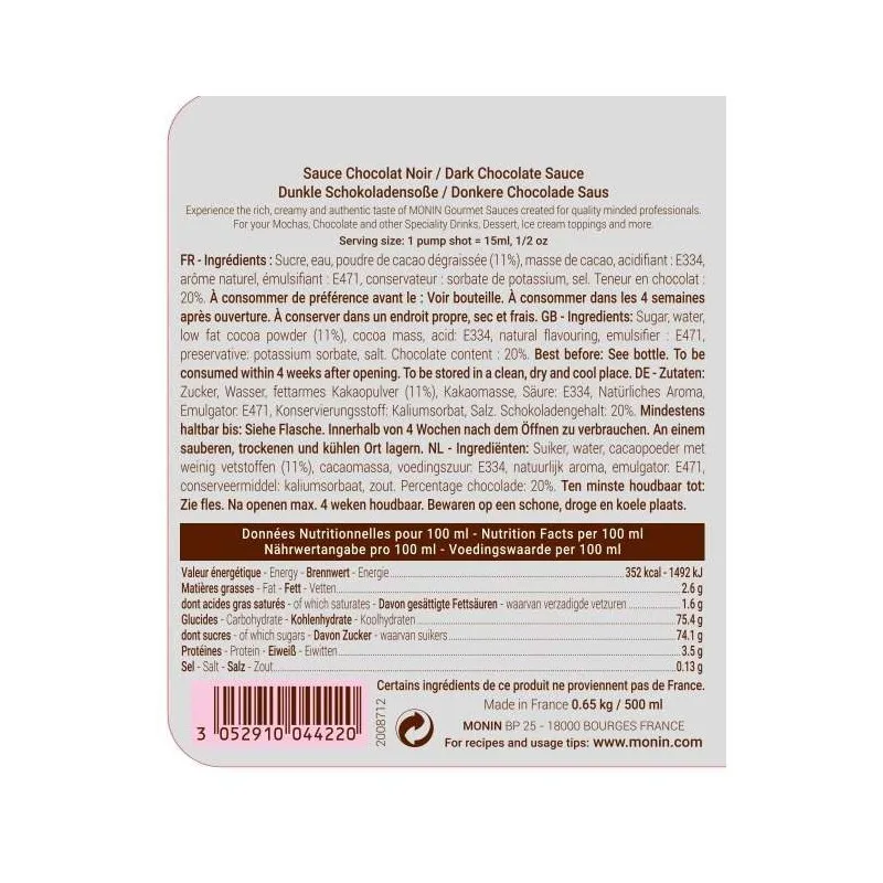 Monin Dark Chocolate Topping | Monin toppings | Ingrediënten en voedingswaarden