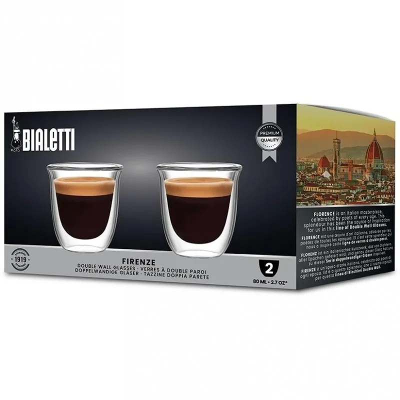 Bialetti Dubbelwandige Glazen Firenze - 2 stuks | Koffieglazen 80 ml glas.