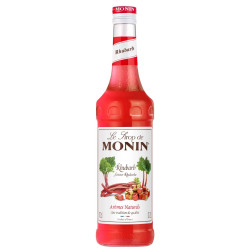 Glazen fles Monin Rabarber siroop van de voorzijde met een afbeelding van rabarber.