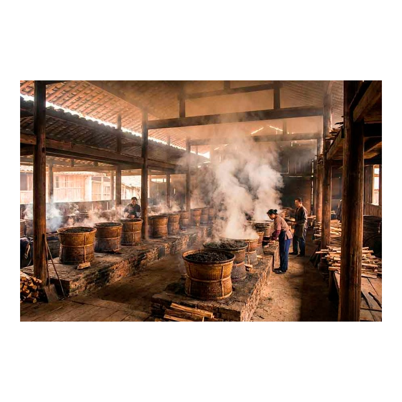 Het roken van Omnibus Lapsang Souchong op dennenhout.